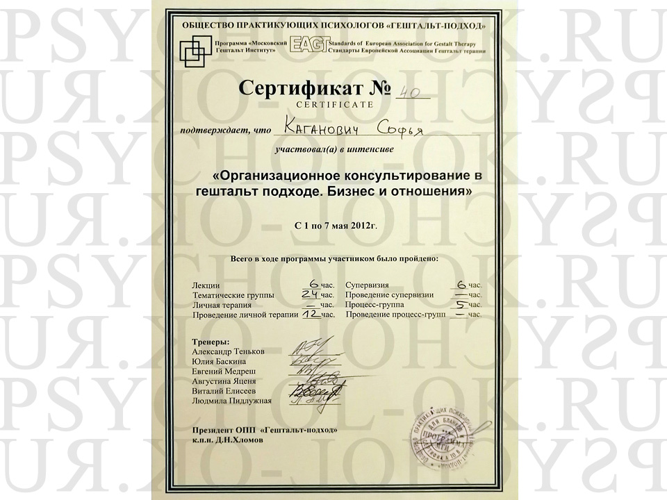 Сертификат МГИ «Организационное консультирование в гештальт подходе. Бизнес и отношения»