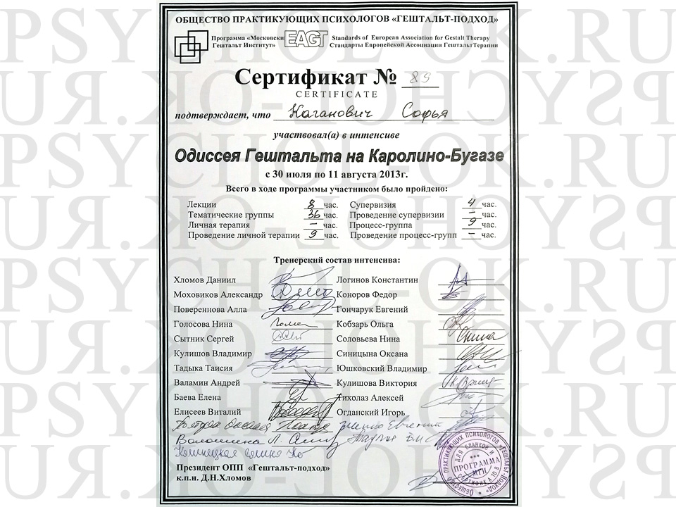 Сертификат МГИ «Одиссея Гештальта на Каролине-Бугазе»